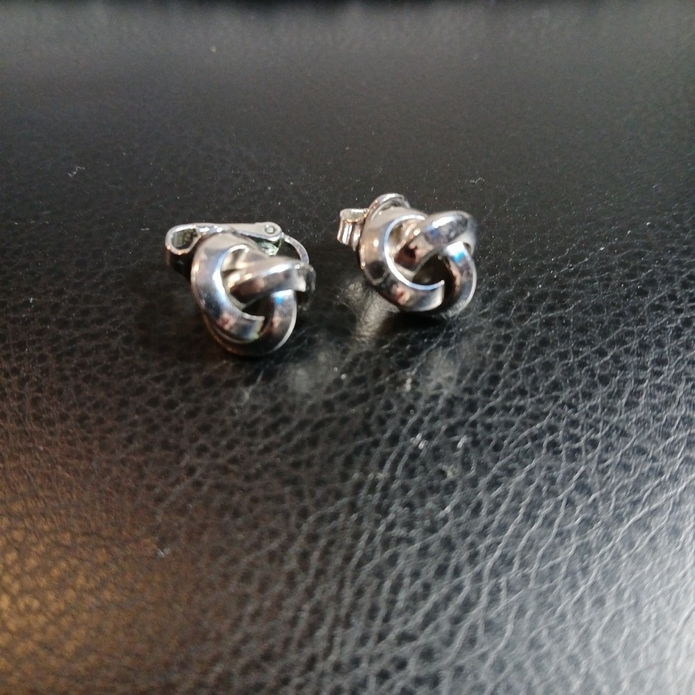 Vintage Crown Trifari Silver Gold Tone Knot Clip Earrings Signed Jewelry